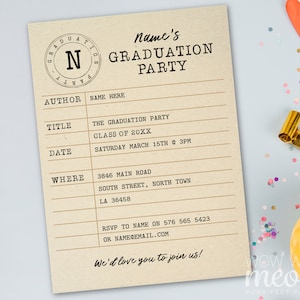 Graduation Party Invitation Library Invite INSTANT DOWNLOAD Study Books Book Theme Uni University Digital Editable Printable WCGR016