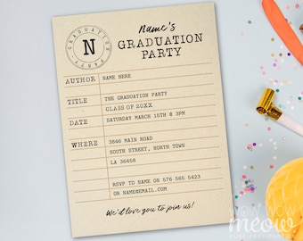 Graduation Party Invitation Library Invite INSTANT DOWNLOAD Study Books Book Theme Uni University Digital Editable Printable WCGR016