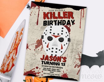 Killer Birthday Halloween Night Invitations Friday 13th Mask Horror Scary Movie Film Hockey Party Printable Personalized Editable WCHA137