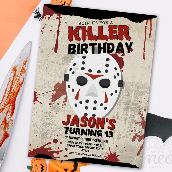 Killer Birthday Halloween Night Invitations Friday 13th Mask Horror Scary Movie Film Hockey Party Printable Personalized Editable WCHA137