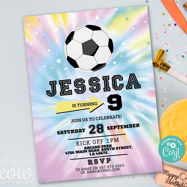 Football Tie-dye Soccer Pink Girls Birthday Invitations Party Ball Kick Off Invite Rainbow Kids Any Age INSTANT DOWNLOAD Boys WCBK496