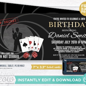 Surprise Secret Agent Invitations Spy Bond Invites INSTANT DOWNLOAD 007 Party Printable Gold Editable Elegant Birthday Personalize WCBA123