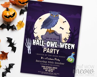 May include: Halloween party invitation with a purple background, featuring a blue owl perched on a tombstone in front of a full moon. The text reads "Hall-Owl-Ween Party" with event details.