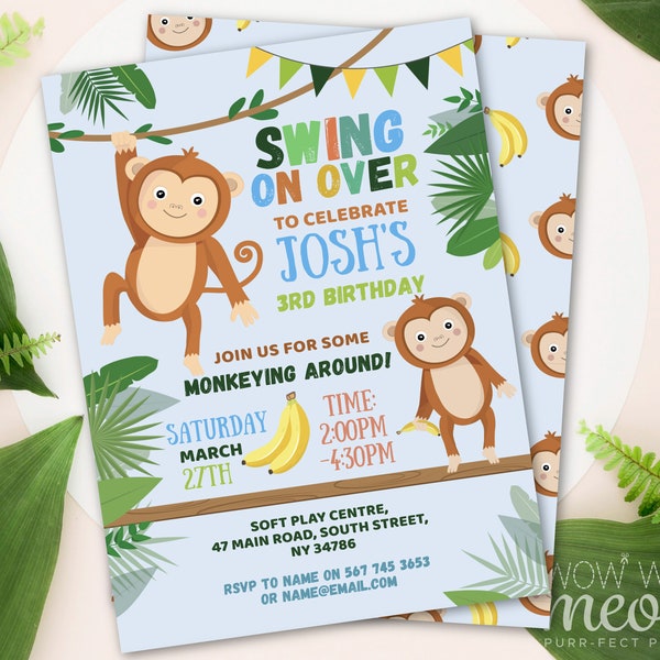 Monkey Invitation Birthday Party Swing by INSTANT DOWNLOAD Boys Go Bananas! Wild Fun Invite Any Age Editable Printable WCBK398