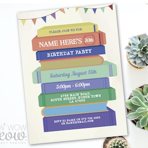 Books Birthday Party Invitation Library Reading Books Invite Mens Womens Page Personalize Customize Edit Printable WCBA072