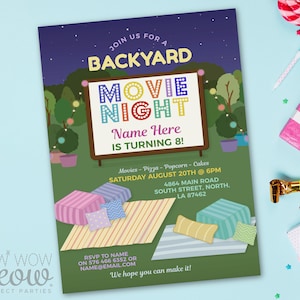 Backyard Movie Night Invitation Birthday Outdoor Film Party INSTANT DOWNLOAD Pink Invite Any Age Personalize Editable Printable WCBK345