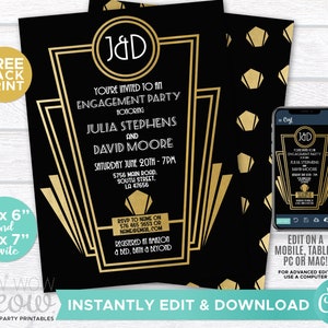 Great Engagement Invitation Gatsby Art Deco Couple&#39;s Shower Invite 1920s Party INSTANT DOWNLOAD Gold Black Twenties Edit Printable WCWE012
