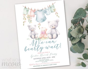 Bear Baby Shower Invitation Gender Reveal Teddy Boho Boy Girl Invites Balloons Neutral INSTANT DOWNLOAD Bohemian Party Couples WCBS153