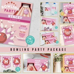 Bowling Birthday Pink Bundle EDITABLE Invites Girls Invitations Package Download Children's Party WCBK553 image 1