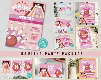 Bowling Birthday Pink Bundle EDITABLE Invites Girls Invitations Package Download Children's Party WCBK553