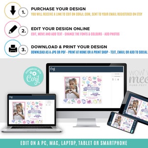 May include: A digital invitation design displayed on various devices, including a laptop, desktop, tablet, and smartphone. The design features a child's photo, gems, and the text "NAME HERE". Instructions for editing and printing are also shown.