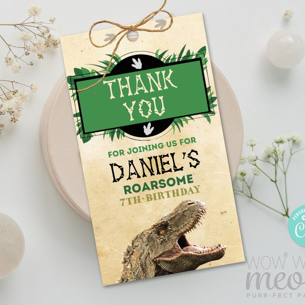 Dinosaur Thank You Tags T-Rex Birthday Dino - Party Gift Jurassic Tags - Edit Print Favour Cards Label Download Editable Printable WCBK010