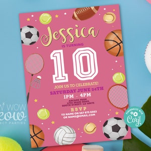 All Sports Birthday Invitations Football Party Soccer Rugby Invite Kids Any Age INSTANT DOWNLOAD Activity Girls Pink Edit Print WCBK484