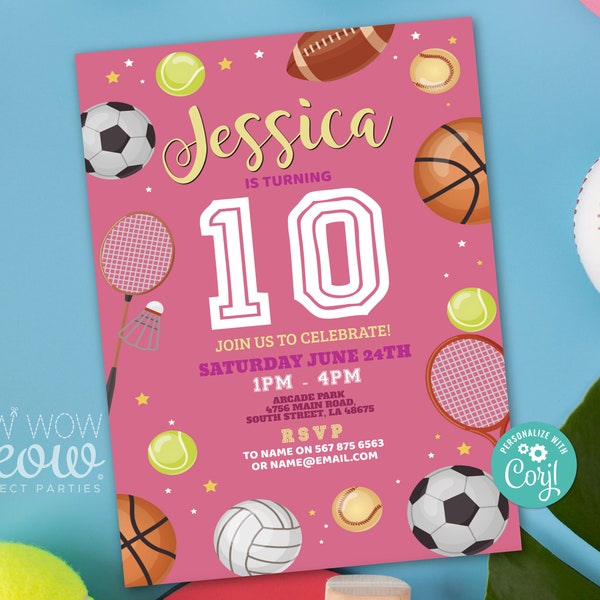 All Sports Birthday Invitations Football Party Soccer Rugby Invite Kids Any Age INSTANT DOWNLOAD Activity Girls Pink Edit Print WCBK484