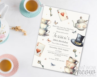 Uitnodiging Wonderland Afternoon Tea Party | Verjaardag Mad Hatter Tea Party volwassen | Afdrukbare bewerkbare uitnodiging digitale download WCHA227