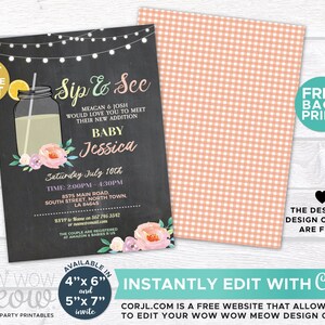 May include: A chalkboard style baby shower invitation with a mason jar filled with lemonade and a floral design. The invitation reads "Sip & See" and includes the baby's name, Jessica, and the date and time of the shower. The invitation is available in 4x6 and 5x7 inch sizes.