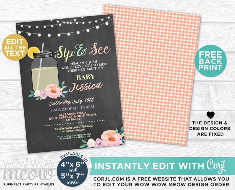 May include: A chalkboard style baby shower invitation with a mason jar filled with lemonade and a floral design. The invitation reads "Sip & See" and includes the baby's name, Jessica, and the date and time of the shower. The invitation is available in 4x6 and 5x7 inch sizes.