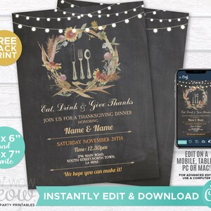Puede incluir: Invitaci&oacute;n para una cena de Acci&oacute;n de Gracias con fondo de pizarra. El dise&ntilde;o presenta una corona floral con cubiertos, luces de cadena y el texto "Eat, Drink & Give Thanks". Incluye el texto "Name & Name" y detalles del evento. Disponible en tama&ntilde;os de 10.16cm x 15.24cm y 12.7cm x 17.78cm.