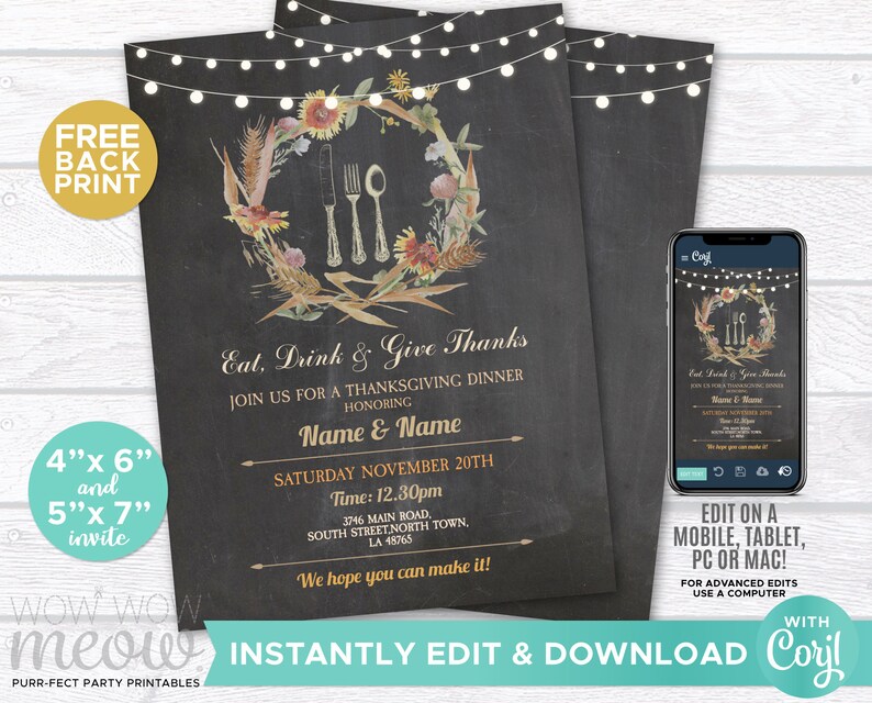 Puede incluir: Invitaci&oacute;n para una cena de Acci&oacute;n de Gracias con fondo de pizarra. El dise&ntilde;o presenta una corona floral con cubiertos, luces de cadena y el texto "Eat, Drink & Give Thanks". Incluye el texto "Name & Name" y detalles del evento. Disponible en tama&ntilde;os de 10.16cm x 15.24cm y 12.7cm x 17.78cm.