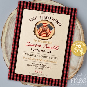 May include: Red and black plaid invitation for an axe throwing party to celebrate a 40th birthday. The invitation features a woodgrain background with a cartoon image of two axes crossed over a bullseye target. The text reads "Join us for Axe Throwing to celebrate Simon Smith turning 40! Saturday August 20th 4 o'clock in the afternoon 5676 Main Road, South Street, North Town LA 74656 RSVP to name on 576 745 3653 or name@email.com Personalize with Corjl Wow Wow Meow Purr-fect Parties"