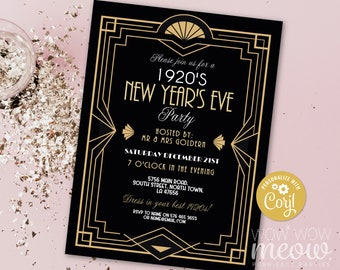 New Year's Eve Gatsby Invitations Party Black Gold Roaring Twenties 1920s Invites Printable INSTANT DOWNLOAD NYE Editable Digital WCNY015