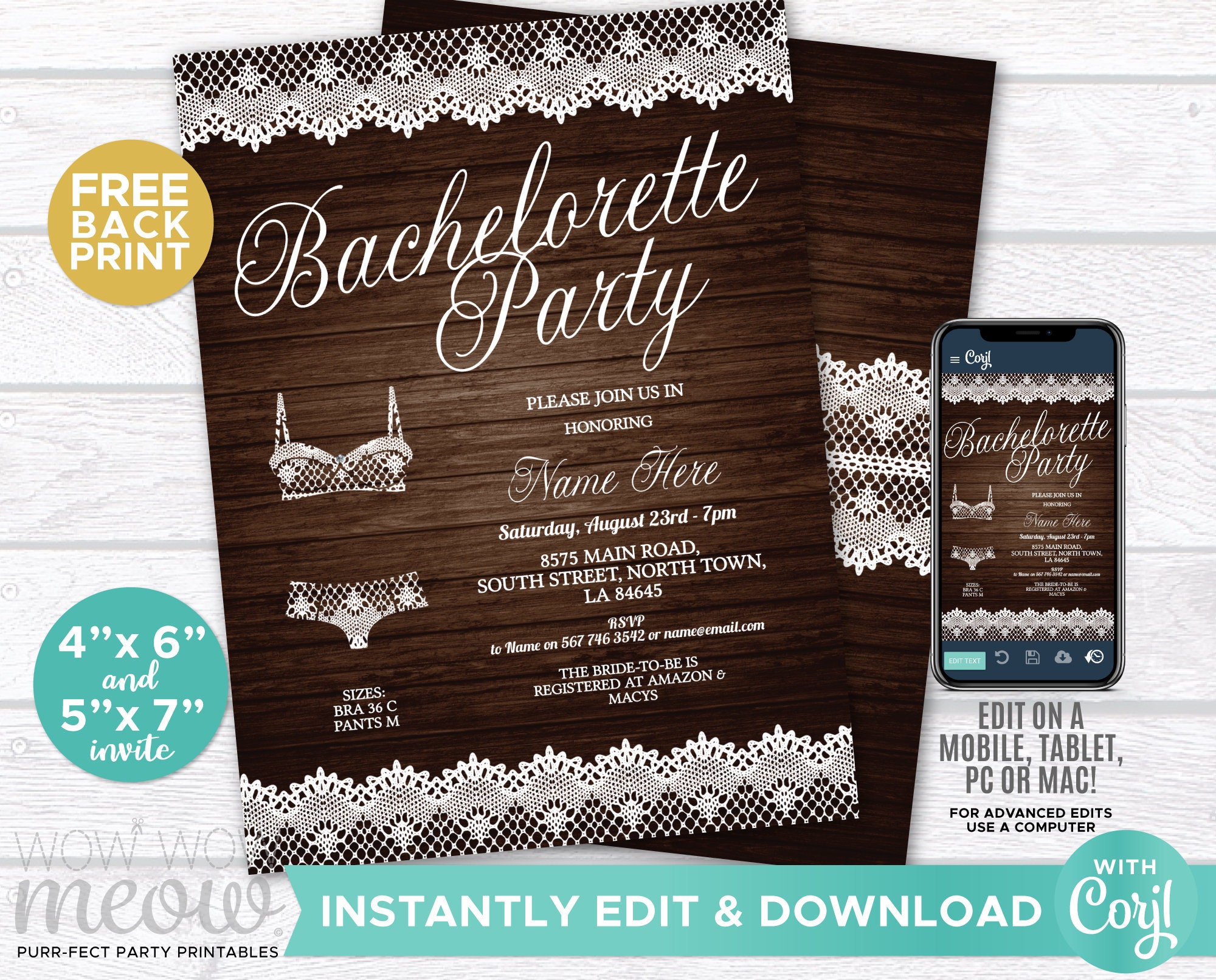 Simple Bridal Party Invite DIY Instantly Customize on Corjl Bachelorette Lingerie Shower Invitation Blue lace bra corset and panties