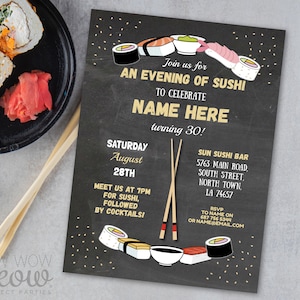 Sushi Birthday Invitation Dinner Personalize INSTANT DOWNLOAD Surprise Japanese Invite Lunch Party Mens Womens Editable Printable WCBA118