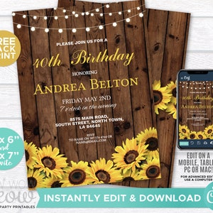 Birthday Invitations Sunflower Wood Womens Any Age Invite INSTANT DOWNLOAD Floral Flowers Surprise Daisy Edit Invitation Personalize WCBA016