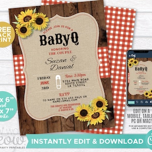 BABYQ Invitations Baby Shower Invites Sunflower BBQ Couples Red Check INSTANT Download Party Rustic Personalize Editable & Printable WCBS001