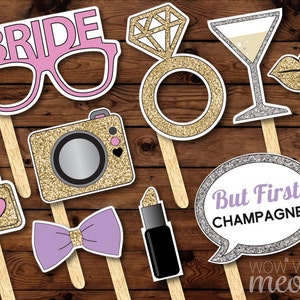 50 Photo Booth Props PRINTABLE Bridal Shower Bachelorette Party TÉLÉCHARGEMENT INSTANTANÉ Cartes modifiables Selfie Photo Lèvres Champagne Verres Anneaux