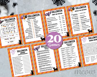 May include: A collection of Halloween-themed game cards with orange and white striped borders. Each card features Halloween-related questions, word searches, and trivia. The set includes 20 games, with illustrations of bats, cats, and ghosts.