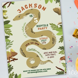 May include: A green and brown invitation for a reptile party. The invitation features a cartoon snake, a chameleon, and a frog. The text on the invitation reads "Jackson is 5 Reptile Party, Saturday July 28th, 2pm to 5pm, Ssslither on over! 48765 Main Road, South Street, LA 47622, RSVP to Name on 576 476 4864 or Name@email.com".