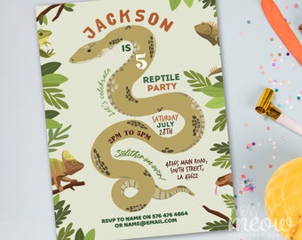 May include: A green and brown invitation for a reptile party. The invitation features a cartoon snake, a chameleon, and a frog. The text on the invitation reads "Jackson is 5 Reptile Party, Saturday July 28th, 2pm to 5pm, Ssslither on over! 48765 Main Road, South Street, LA 47622, RSVP to Name on 576 476 4864 or Name@email.com".