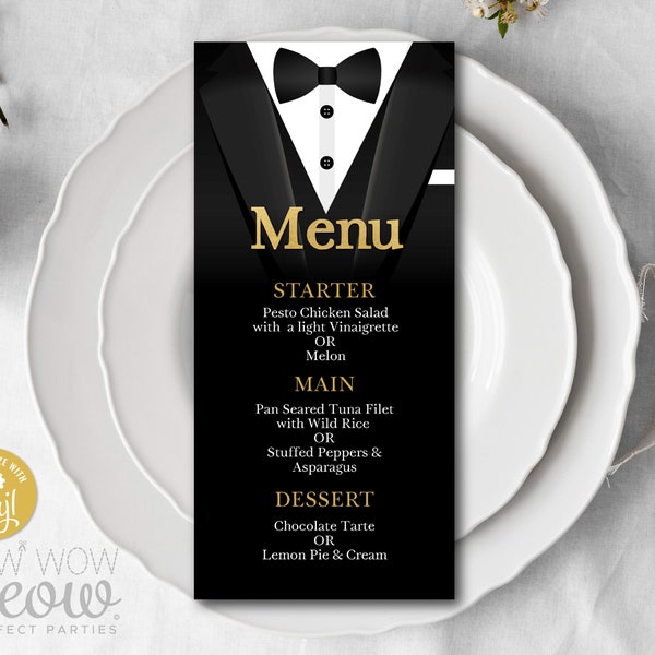 Tuxedo Black Tie Menu Dinner Template Package INSTANT DOWNLOAD Secret Agent Spy Birthday Set Matching Printable Personalize Editable WCBA033