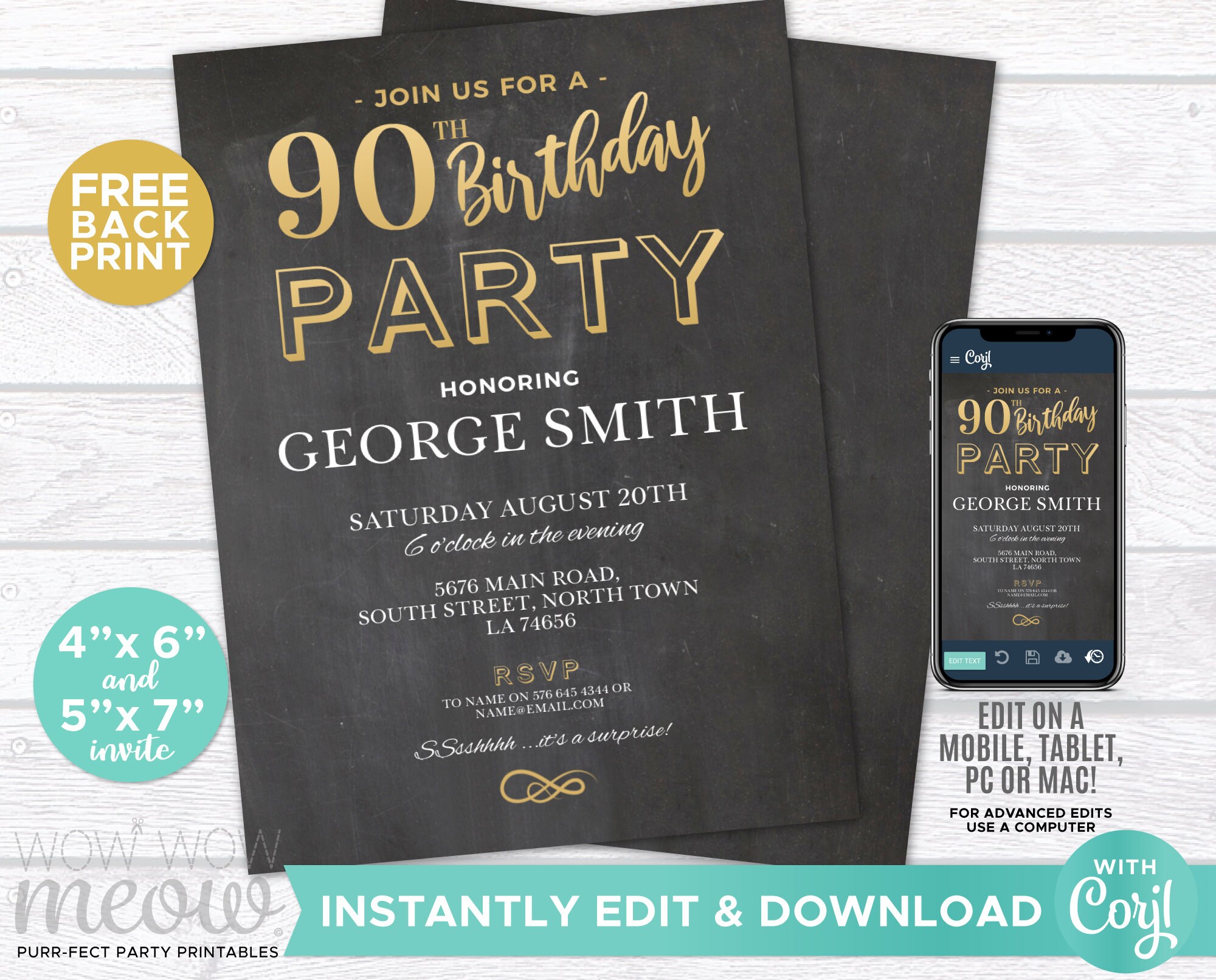 90th Birthday Invitation Elegant Gold Party Invite 90 Chalk Etsy
