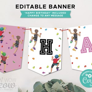 Rock Climbing Birthday Pink Girls Banner Party Indoor Climb Wall Sport Editable Download Bunting Flags Birthday Decoration Printable WCBK451