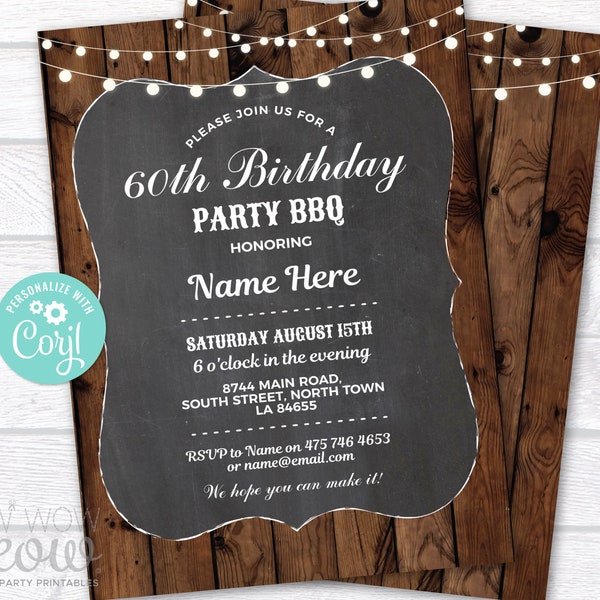 Birthday Invitation BBQ Invite INSTANT DOWNLOAD Party Cocktail Rustic Black Chalk Wood Lights Garden Personalize Editable Printable WCBA229