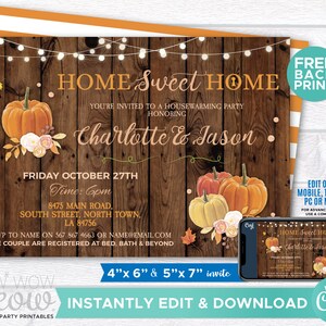 May include: A fall-themed invitation with the text "Home Sweet Home" and the names "Charlotte & Jason." The design features pumpkins, fall foliage, and string lights against a wooden background. The invitation is available in 4"x6" and 5"x7" sizes.