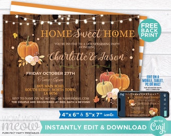 Pumpkin Fall Housewarming Invite New House Invitation Home Sweet Home Couples Wood Party INSTANT DOWNLOAD Leaf Printable Editable WCHO001