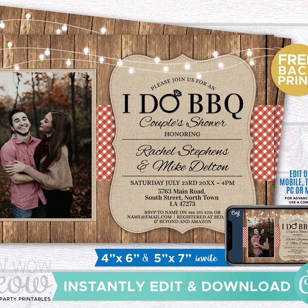 I Do BBQ Invitation Couples Shower Printable Invite Engagement Party INSTANT Download Light Red Photo Personalize Editable Printable WCWI010