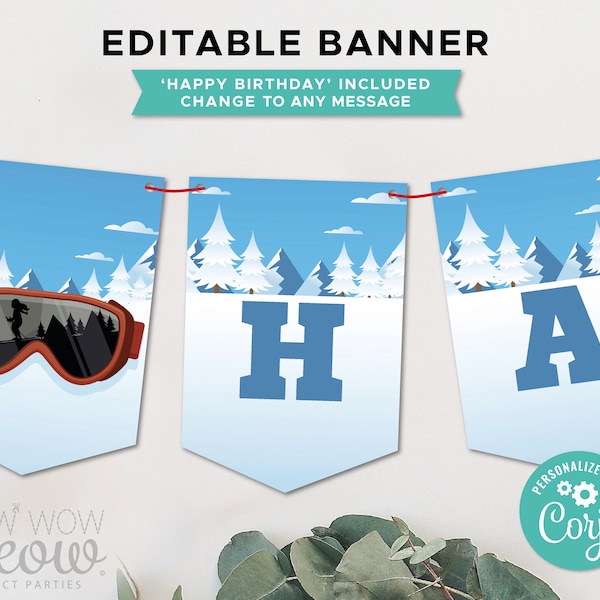 Ski Party Birthday Banner Skiing Snow Apres Winter Editable Download Boys Girls Bunting Flags Birthday Decoration Printable WCBK457