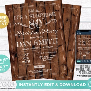 SURPRISE 80th Birthday Invitation Rustic Wood Eighty 80 Invite Party INSTANT DOWNLOAD Mens Male Vintage Edit Printable Personalize WCBA015