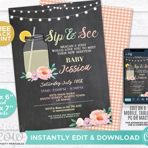 May include: A chalkboard style baby shower invitation with a mason jar filled with lemonade, floral accents, and the text "Sip & See" for a baby girl named Jessica. The invitation includes the date, time, and location of the event.