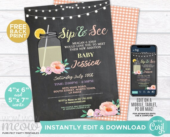 Sip and See Invitations Baby Shower Invites Lemonade INSTANT DOWNLOAD Party Rustic New Girl Boy Twins Floral Flowers Editable Print WCBS093