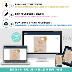 May include: Digital invitation design displayed on a laptop, computer, tablet, and smartphone. The design features the text "Home Sweet Home" with pumpkins and leaves. Instructions for purchase, editing, and printing are also shown.