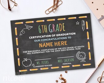 6th Grade Certificate Graduation Elementary School Editable Instant DOWNLOAD Personalize Edit Print WCCER001