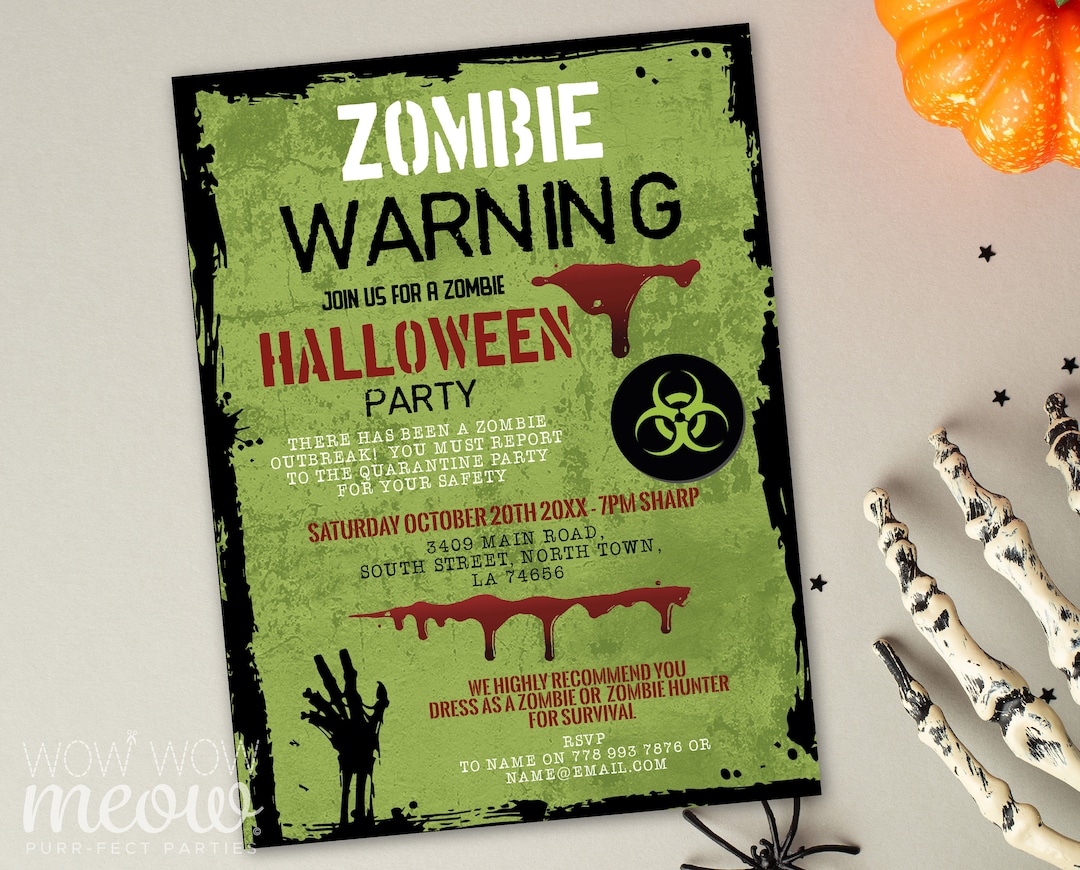 Zombie Invitations Party Outbreak Halloween Warning Scare Etsy