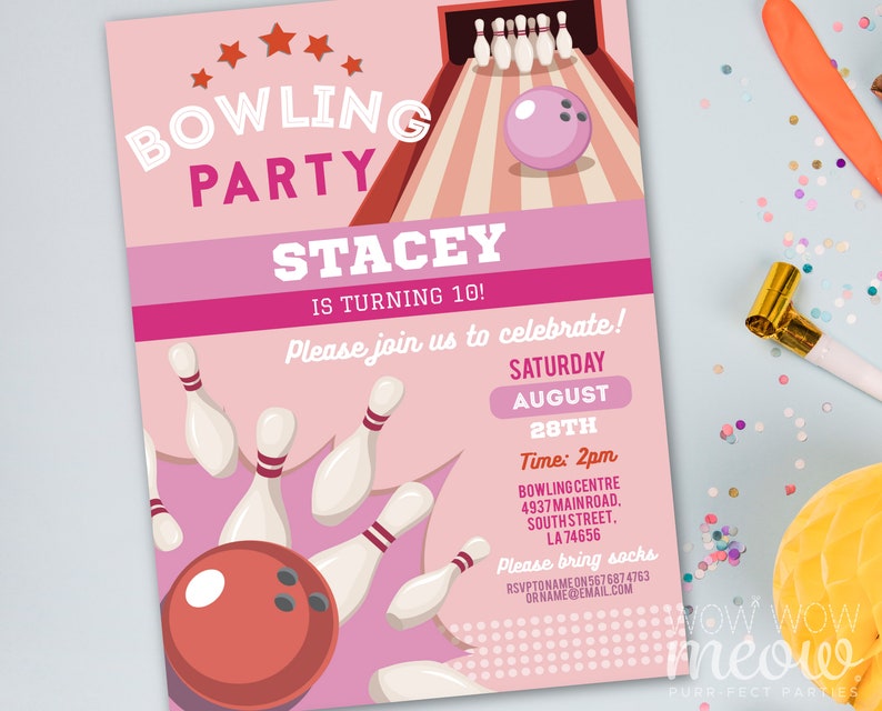 Bowling Birthday Pink Bundle EDITABLE Invites Girls Invitations Package Download Children's Party WCBK553 image 4
