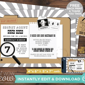 Secret Agent Party Invitations Spy Birthday Invite INSTANT DOWNLOAD Bond Agent File Photo Editable Childrens Detective Personalize WCBK095