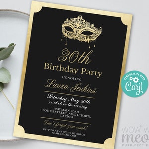 Masquerade Birthday Invitation Party Mask Masked Ball Any Age Invite ...